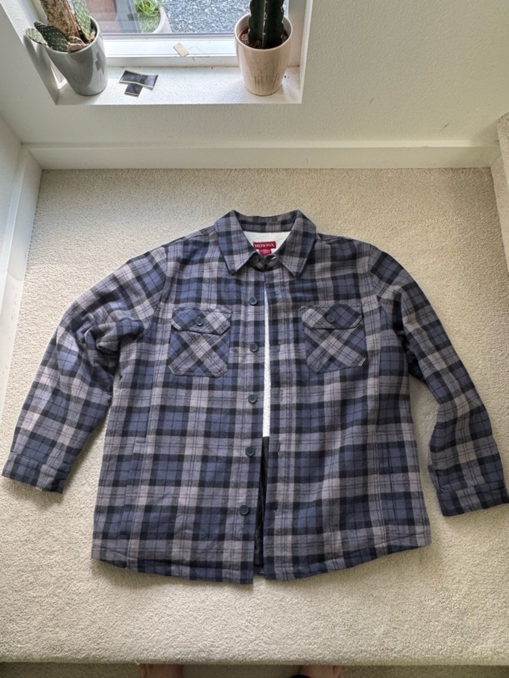 Plaid Button-Up Shacket in Blue and Gray merona